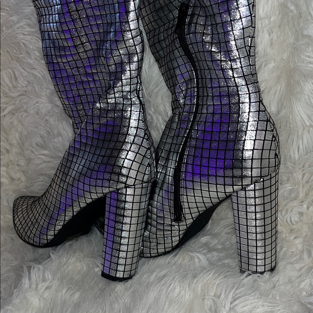 Silver Holographic Grid Knee-High Boots - Women - Picture 7 of 11